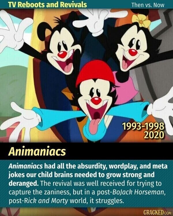 TV Reboots and Revivals Then vs. Now 1993-1998 2020 Animaniacs Animaniacs had all the absurdity, wordplay, and meta jokes our child brains needed to grow strong and deranged. The revival was well received for trying to capture the zaniness, but in a post-BoJack Horseman, post-Rick and Morty world, it struggles. CRACKED.COM