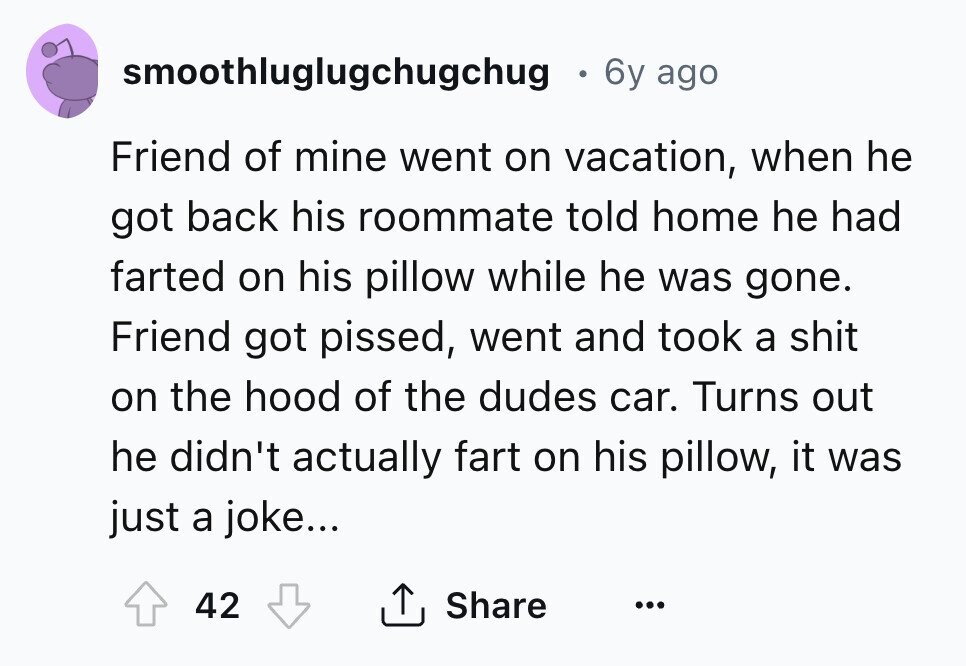 smoothluglugchugchug 6y ago Friend of mine went on vacation, when he got back his roommate told home he had farted on his pillow while he was gone. Friend got pissed, went and took a shit on the hood of the dudes car. Turns out he didn't actually fart on his pillow, it was just a joke... 42 Share ... 