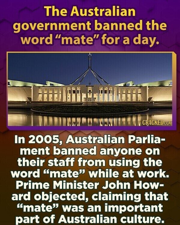 The Australian government banned the word mate for a day. CRACKED.COM In 2005, Australian Parlia- ment banned anyone on their staff from using the word mate while at work. Prime Minister John How- ard objected, claiming that mate was an important part of Australian culture.