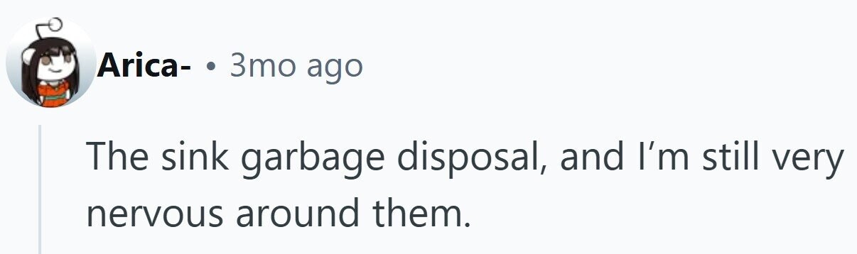 Arica- . 3то ago The sink garbage disposal, and I'm still very nervous around them.