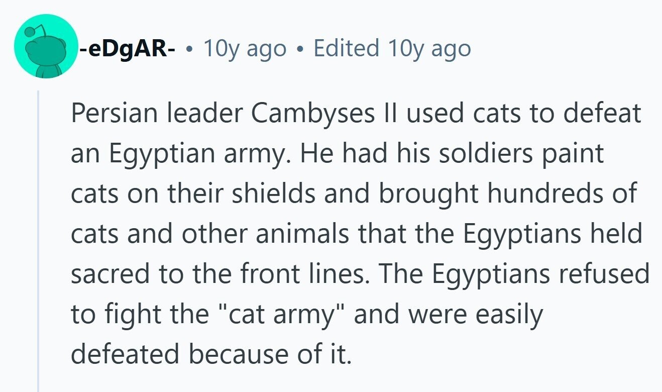 -eDgAR- S 10y ago Edited 10y ago Persian leader Cambyses II used cats to defeat an Egyptian army. Не had his soldiers paint cats on their shields and brought hundreds of cats and other animals that the Egyptians held sacred to the front lines. The Egyptians refused to fight the cat army and were easily defeated because of it. 