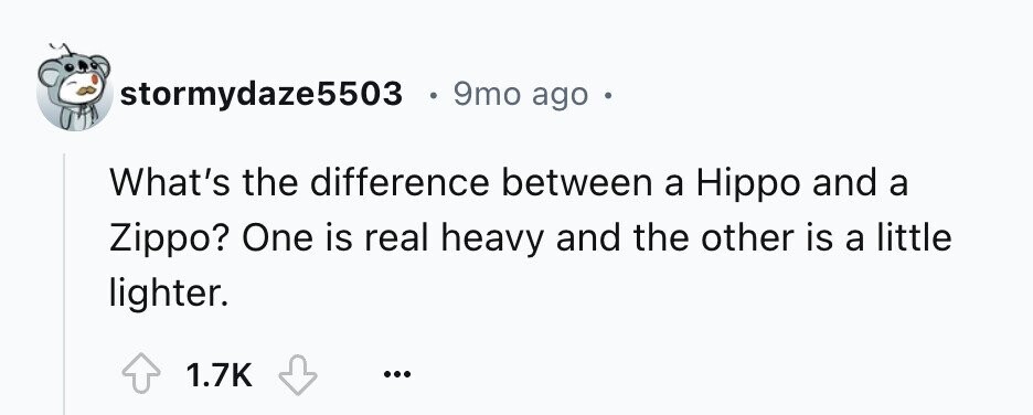 stormydaze5503 0 9mo ago What's the difference between a Hippo and a Zippo? One is real heavy and the other is a little lighter. 1.7K ...