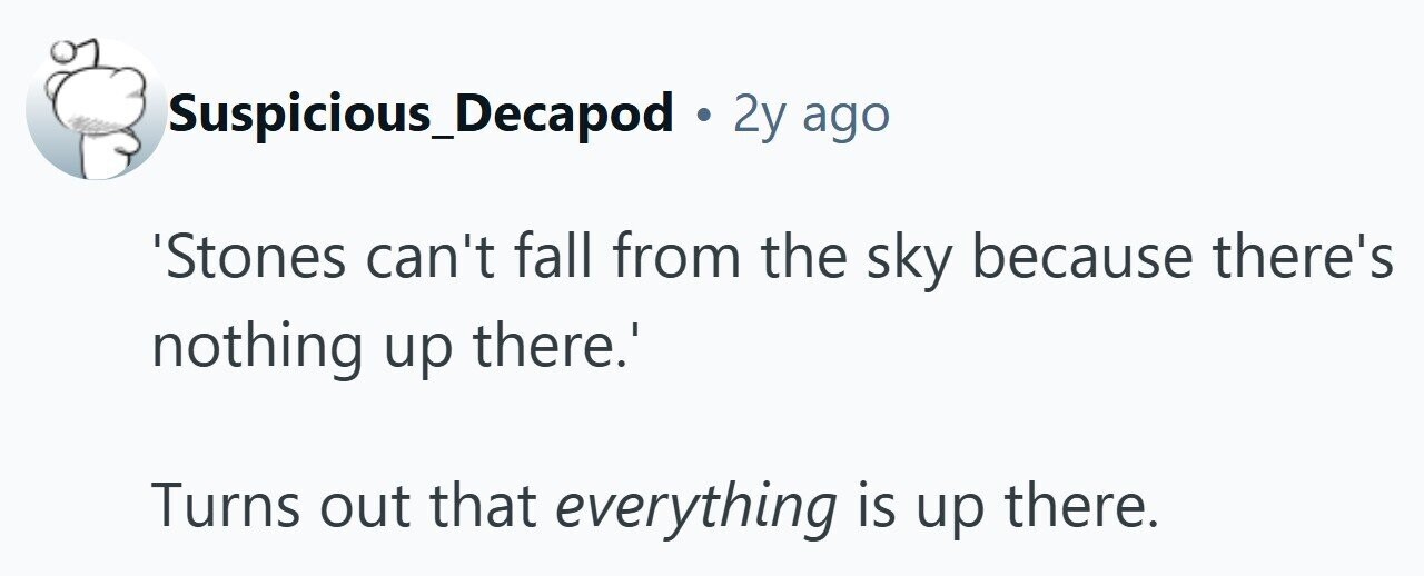 Suspicious_Decapod . 2y ago 'Stones can't fall from the sky because there's nothing up there.' Turns out that everything is up there. 