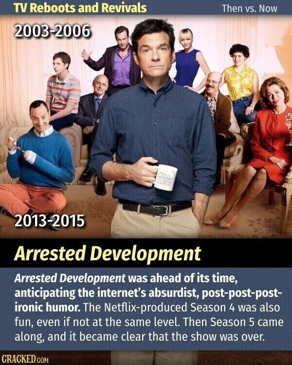 TV Reboots and Revivals Then vs. Now 2003-2006 HUSTERO COMPANY 2013-2015 Arrested Development Arrested Development was ahead of its time, anticipating the internet's absurdist, post-post-post- ironic humor. The Netflix-produced Season 4 was also fun, even if not at the same level. Then Season 5 came along, and it became clear that the show was over. CRACKED.COM