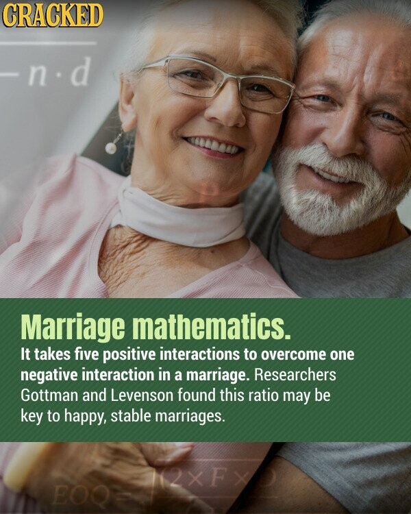 CRACKED -n.d. Marriage mathematics. It takes five positive interactions to overcome one negative interaction in a marriage. Researchers Gottman and Levenson found this ratio may be key to happy, stable marriages. 12xFx0 EOQ