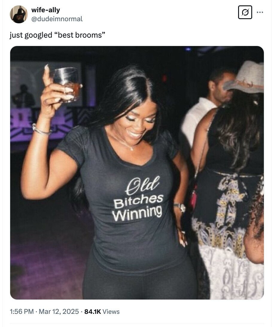 wife-ally ... @dudeimnormal just googled best brooms Old Bitches Winning 1:56 PM Mar 12, 2025 . 84.1K Views