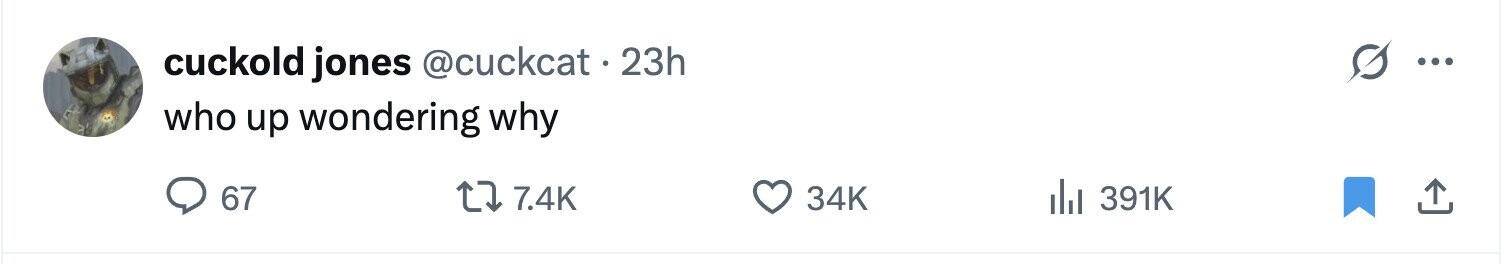 cuckold jones @cuckcat . 23h ... who up wondering why 67 7.4K 34K 391K 