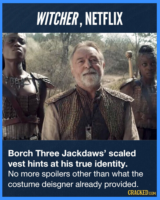 WITCHER, NETFLIX Borch Three Jackdaws' scaled vest hints at his true identity. No more spoilers other than what the costume deisgner already provided. CRACKED.COM