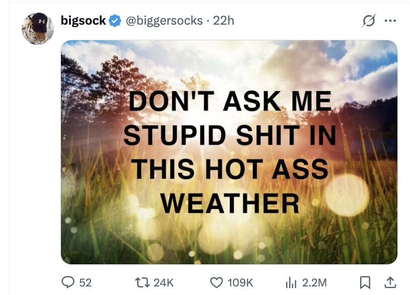 bigsock s @biggersocks 22h ... DON'T ASK ME STUPID SHIT IN THIS HOT ASS WEATHER 52 24K 109K del 2.2M