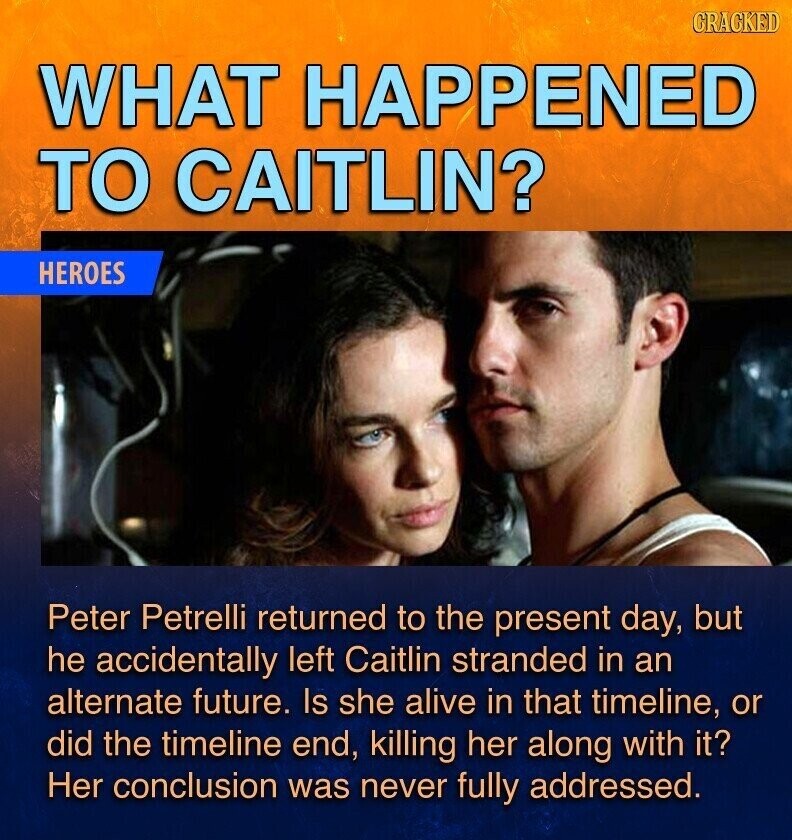 GRAGKED WHAT HAPPENED TO CAITLIN? HEROES Peter Petrelli returned to the present day, but he accidentally left Caitlin stranded in an alternate future. Is she alive in that timeline, or did the timeline end, killing her along with it? Her conclusion was never fully addressed.