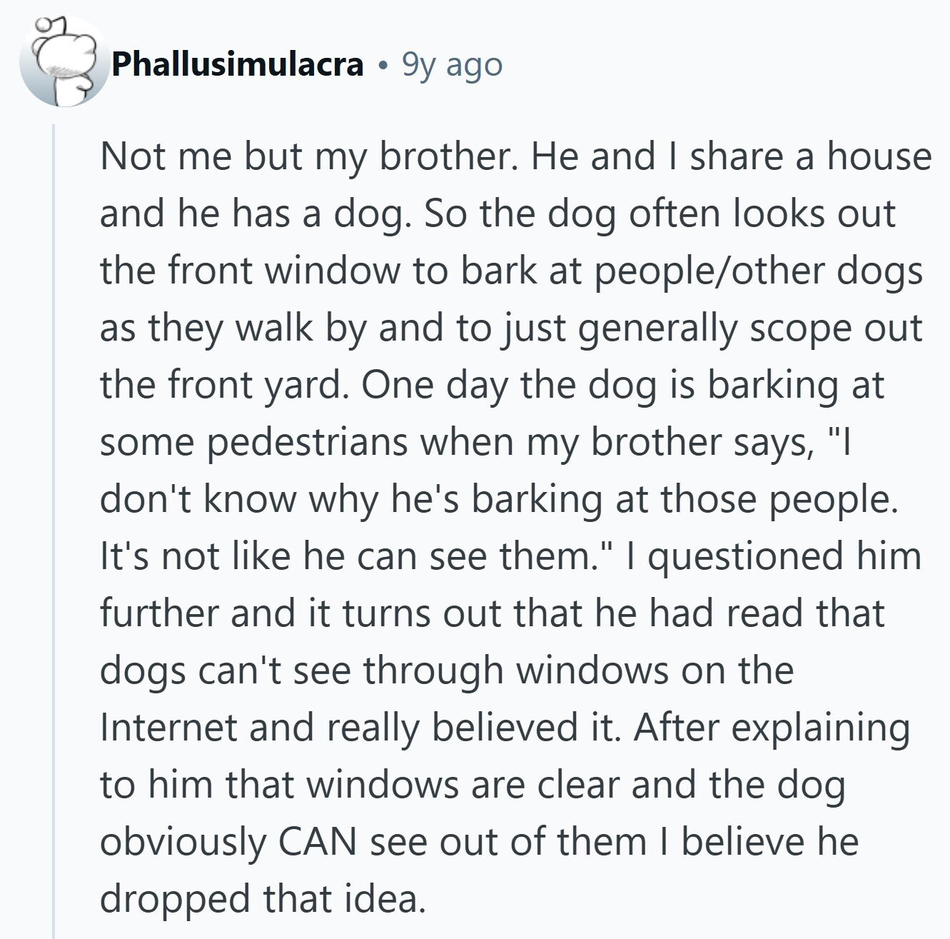 Phallusimulacra 9y ago Not me but my brother. Не and I share a house and he has a dog. So the dog often looks out the front window to bark at people/other dogs as they walk by and to just generally scope out the front yard. One day the dog is barking at some pedestrians when my brother says, I don't know why he's barking at those people. It's not like he can see them. I questioned him further and it turns out that he had read that dogs can't see through windows on the Internet and really believed it. 