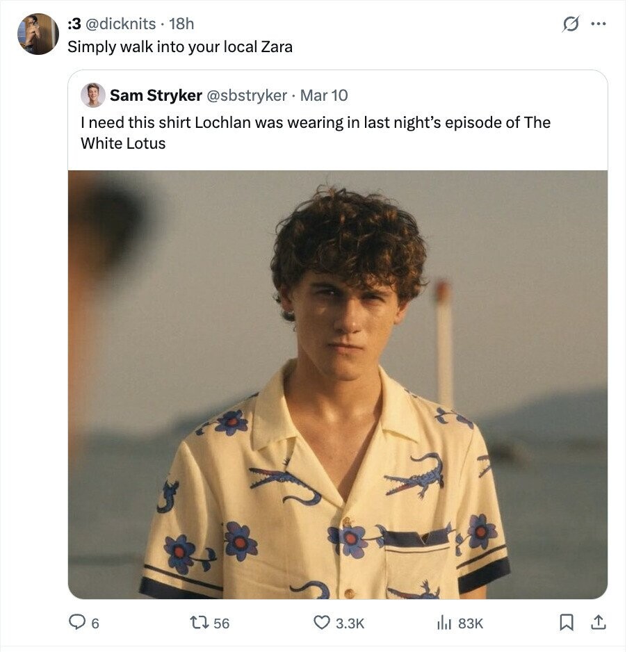 3: @dicknits 18h G ... Simply walk into your local Zara Sam Stryker @sbstryker Mar 10 I need this shirt Lochlan was wearing in last night's episode of The White Lotus 6 56 3.3K 83K