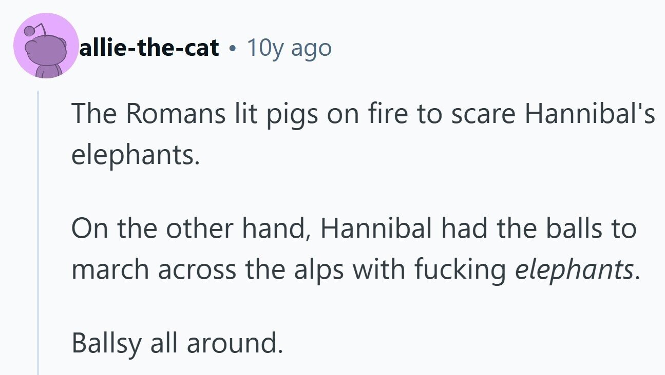 allie-the-cat 10y ago The Romans lit pigs on fire to scare Hannibal's elephants. On the other hand, Hannibal had the balls to march across the alps with fucking elephants. Ballsy all around. 