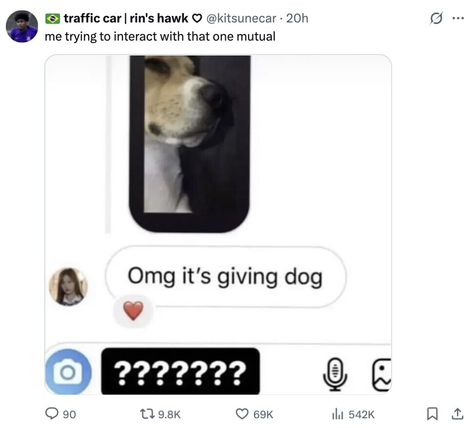 traffic car I rin's hawk @kitsunecar . 20h G ... me trying to interact with that one mutual Omg it's giving dog ??????? 90 9.8K 69K 542K