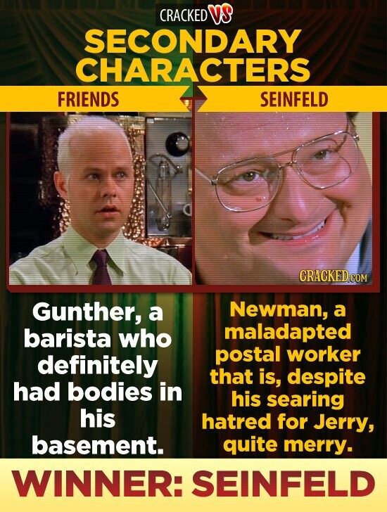 CRACKED VS SECONDARY CHARACTERS FRIENDS SEINFELD CRACKED.COM Gunther, a Newman, a barista who maladapted definitely postal worker that is, despite had bodies in his searing his hatred for Jerry, basement. quite merry. WINNER: SEINFELD