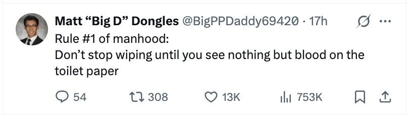 Matt Big D Dongles @BigPPDaddy69420 - 17h ... Rule #1 of manhood: Don't stop wiping until you see nothing but blood on the toilet paper 54 308 13K 753K