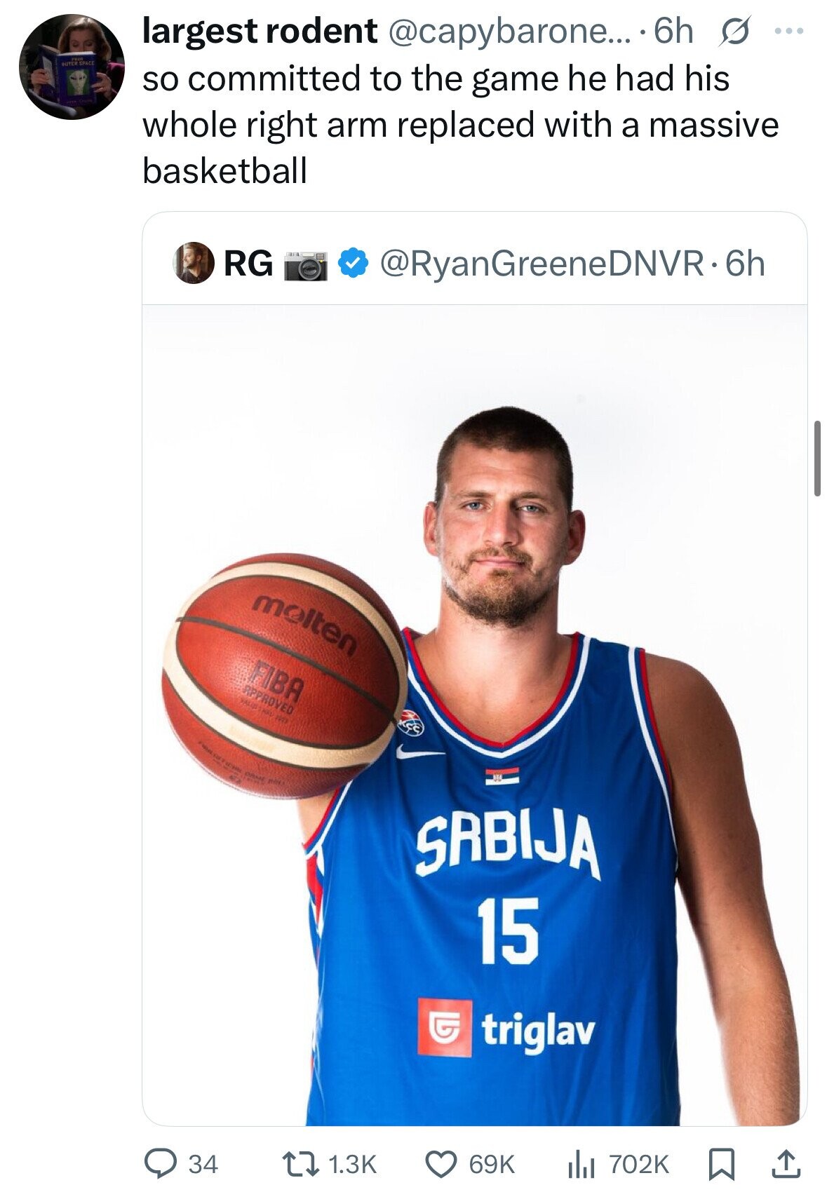 largest rodent @capybarone... 6h s ... so committed to the game he had his whole right arm replaced with a massive basketball RG @RyanGreeneDNVR-6h molten FIBA APPROVED VALID THRU 100 - ORME PHIL SABIJA 15 triglav 34 1.3K 69K 702K