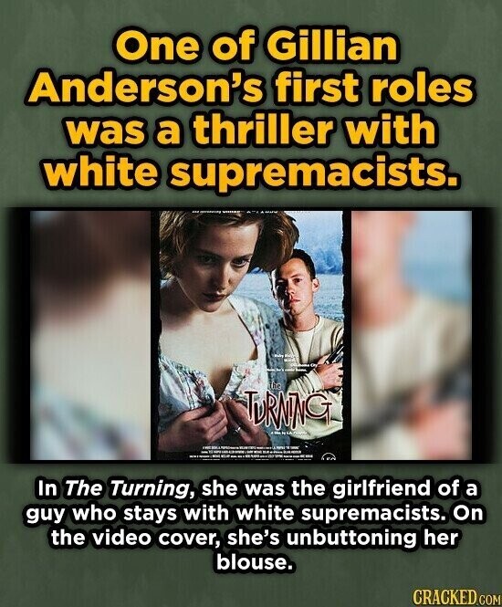 One of Gillian Anderson's first roles was a thriller with white supremacists. - WHAT C - the TURNING ... ILLS - In The Turning, she was the girlfriend of a guy who stays with white supremacists. On the video cover, she's unbuttoning her blouse. CRACKED.COM