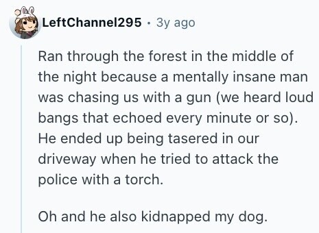 LeftChannel295 Зу ago Ran through the forest in the middle of the night because a mentally insane man was chasing us with a gun (we heard loud bangs that echoed every minute or so). Не ended up being tasered in our driveway when he tried to attack the police with a torch. Oh and he also kidnapped my dog. 