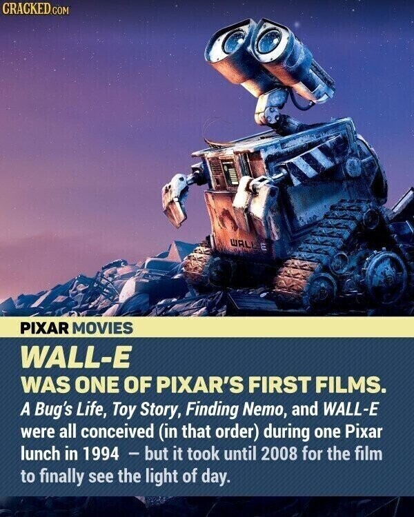CRACKED.COM WAL PIXAR MOVIES WALL-E WAS ONE OF PIXAR'S FIRST FILMS. A Bug's Life, Toy Story, Finding Nemo, and WALL-E were all conceived (in that order) during one Pixar lunch in 1994 - but it took until 2008 for the film to finally see the light of day.