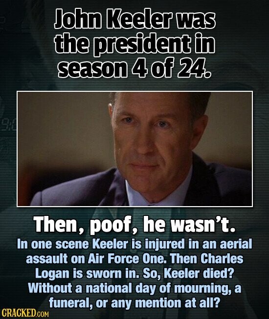 John Keeler was the president in season 4 of 24. 9:0 Then, poof, he wasn't. In one scene Keeler is injured in an aerial assault on Air Force One. Then Charles Logan is sworn in. So, Keeler died? Without a national day of mourning, a funeral, or any mention at all? CRACKED.COM