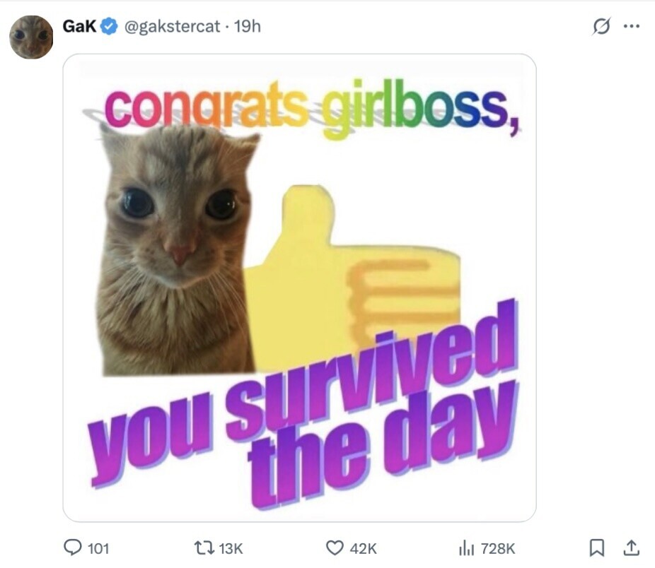 GaK @gakstercat.1 19h G ... congrats girlboss, you survived the day 101 13K 42K del 728K