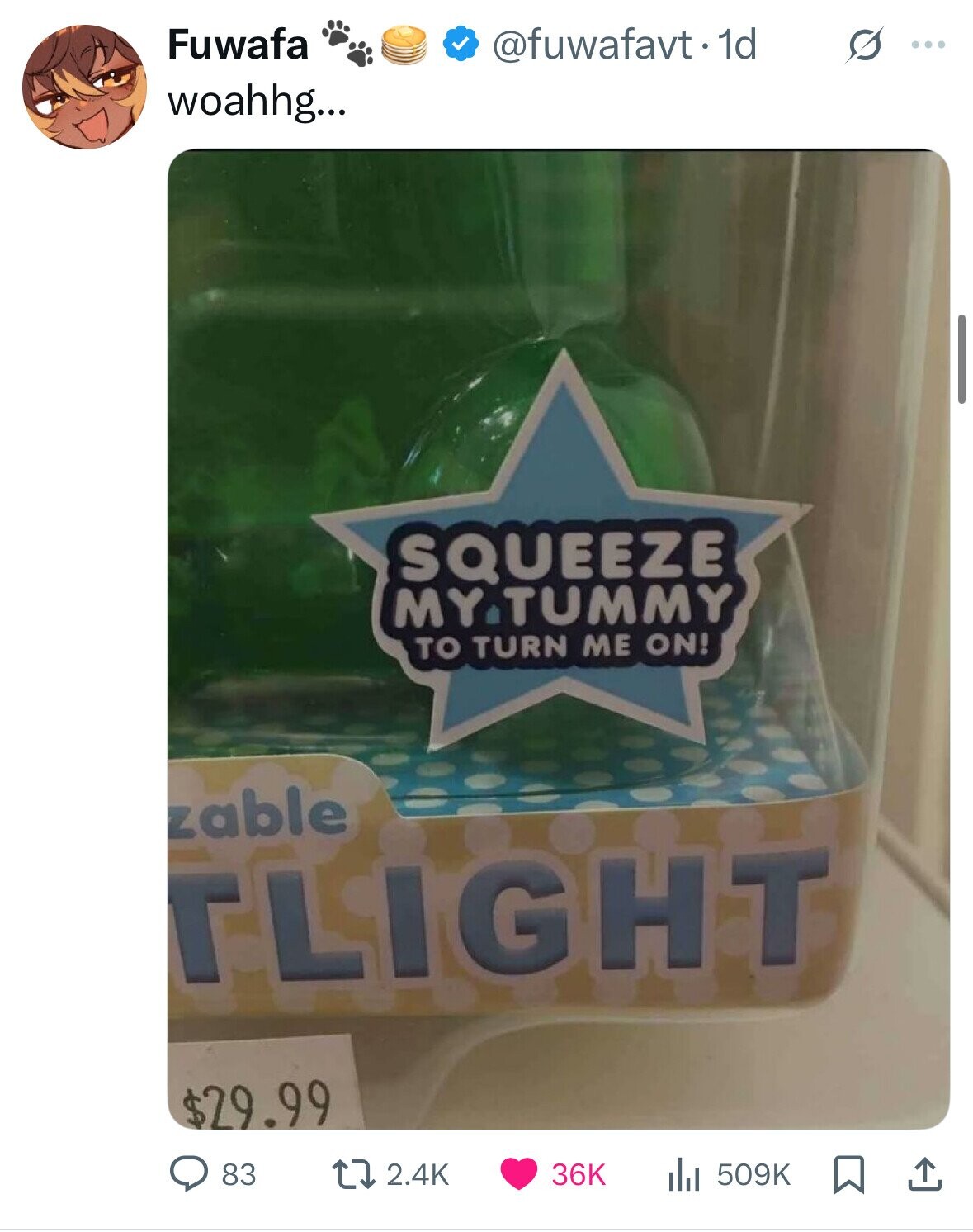 Fuwafa @fuwafavt. 1d s ... woahhg... SQUEEZE MY TUMMY TO TURN ME ON! zable TLIGHT $29.99 83 2.4K 36K 509K 