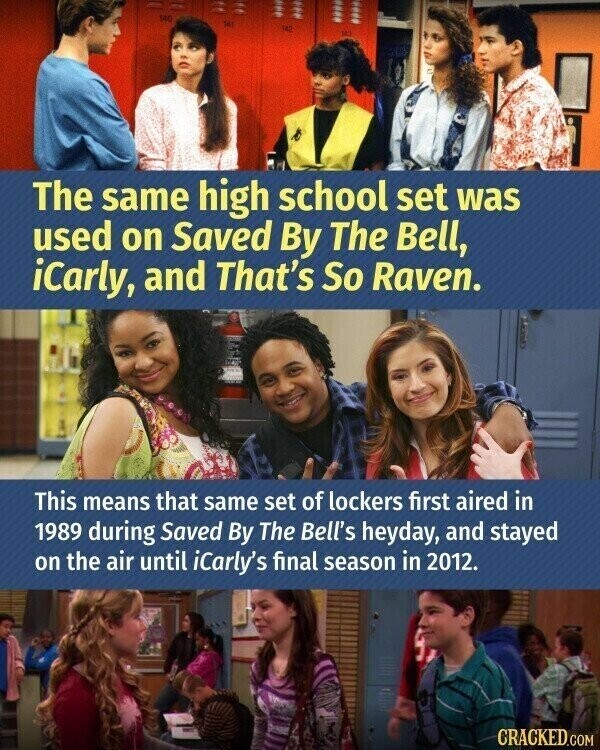 140 141 IC AL The same high school set was used on Saved By The Bell, iCarly, and That's So Raven. This means that same set of lockers first aired in 1989 during Saved By The Bell's heyday, and stayed on the air until iCarly's final season in 2012. CRACKED.COM