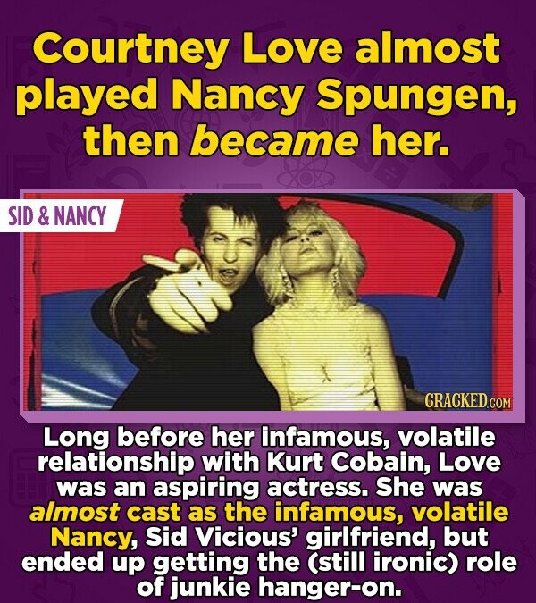 Courtney Love almost played Nancy Spungen, then became her. SID & NANCY CRACKED.COM Long before her infamous, volatile relationship with Kurt Cobain, Love was an aspiring actress. She was almost cast as the infamous, volatile Nancy, Sid Vicious' girlfriend, but ended up getting the (still ironic) role of junkie hanger-on.