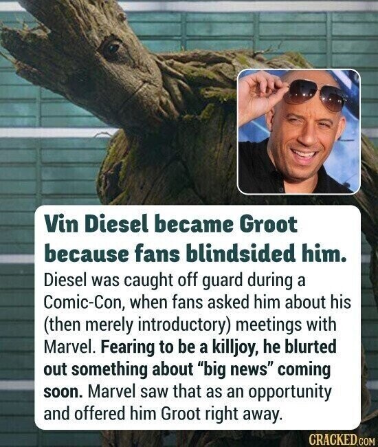 Vin Diesel became Groot because fans blindsided him. Diesel was caught off guard during a Comic-Con, when fans asked him about his (then merely introductory) meetings with Marvel. Fearing to be a killjoy, he blurted out something about big news coming soon. Marvel saw that as an opportunity and offered him Groot right away. CRACKED.COM