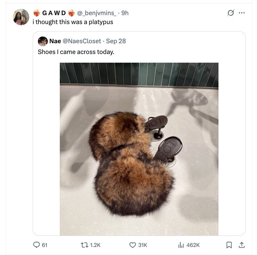 GAWD G ... @_benjvmins_ 9h i thought this was a platypus Nae @NaesCloset Sep 28 Shoes I came across today. OT LOE 61 1.2K 31K 462K 