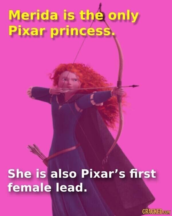 Merida is the only Pixar princess. She is also Pixar's first female lead. CRACKED.COM