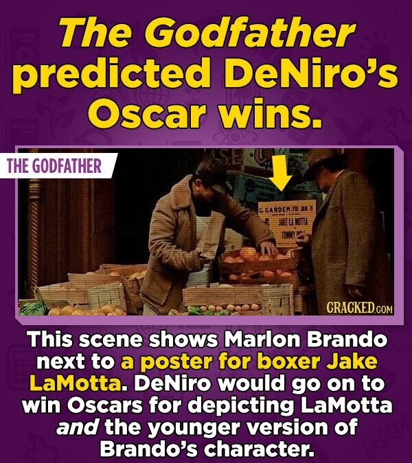 The Godfather predicted DeNiro's Oscar wins. SE THE GODFATHER GARDER m BI JAKE LA MOTTA TOMMY CRACKED.COM This scene shows Marlon Brando next to a poster for boxer Jake LaMotta. DeNiro would go on to win Oscars for depicting LaMotta and the younger version of Brando's character.