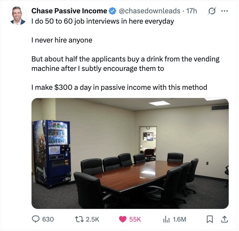 Chase Passive Income @chasedownleads. 17h s ... I do 50 to 60 job interviews in here everyday I never hire anyone But about half the applicants buy a drink from the vending machine after I subtly encourage them to I make $300 a day in passive income with this method 630 2.5K 55K del 1.6M