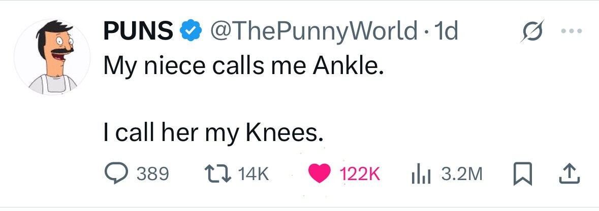 PUNS @ThePunnyWorld 1d My niece calls me Ankle. I call her my Knees. 389 14K 122K 3.2M