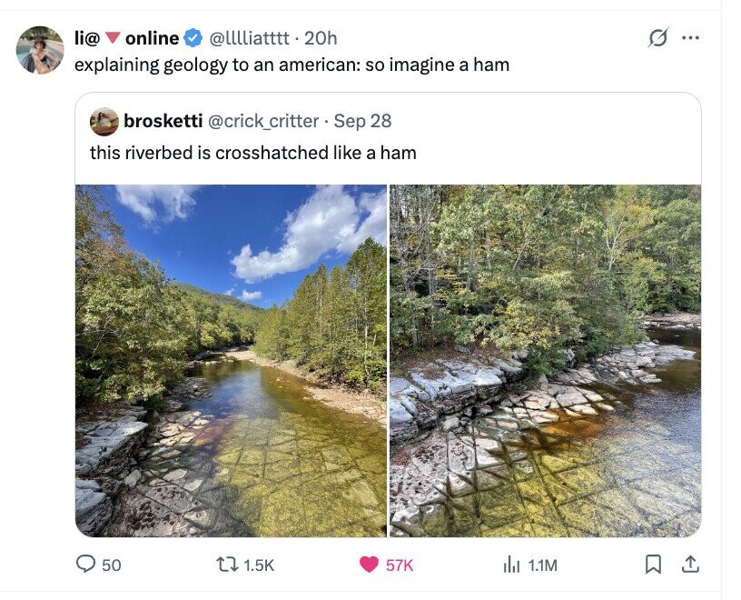 li@ online @lllliatttt.20h O ... explaining geology to an american: so imagine a ham brosketti @crick_critter Sep 28 this riverbed is crosshatched like a ham 50 1.5K 57K del 1.1M 