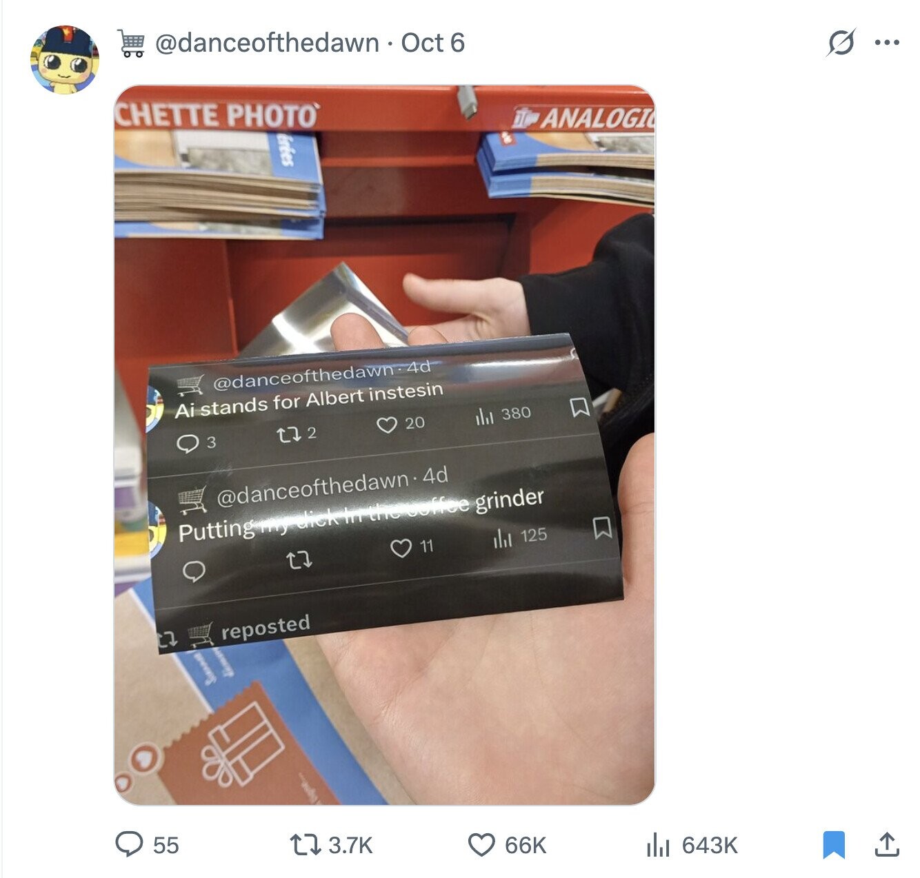 S @danceofthedawn - Oct 6 ... CHETTE PHOTO T ANALOGIC Crées @danceofthedawn.4d Ai stands for Albert instesing 380 20 tz 2 3 @danceofthedawn-4d Putting dick tri the Coffee grinder dil 125 11 reposted January tigne... 55 3.7K 66K 643K 