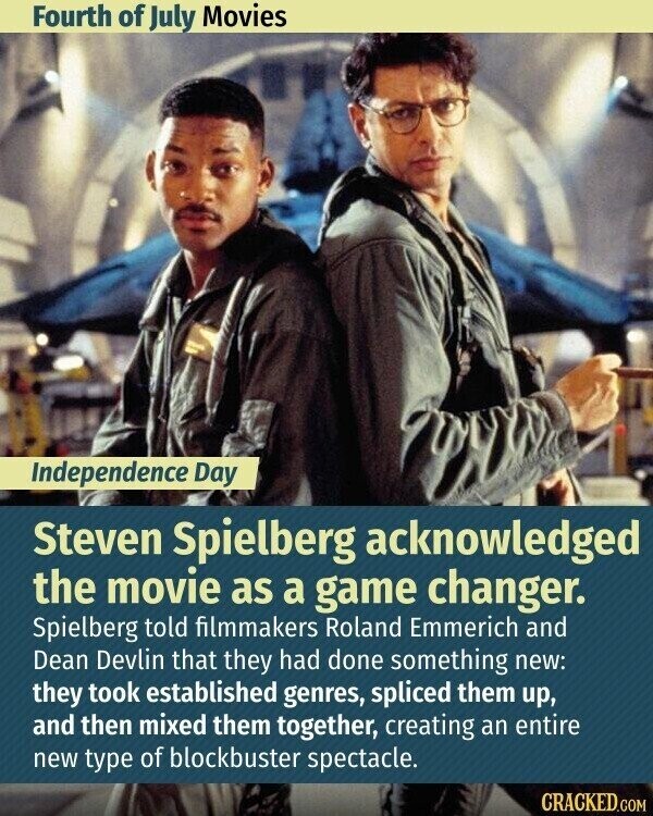 Fourth of July Movies Independence Day Steven Spielberg acknowledged the movie as a game changer. Spielberg told filmmakers Roland Emmerich and Dean Devlin that they had done something new: they took established genres, spliced them up, and then mixed them together, creating an entire new type of blockbuster spectacle. CRACKED.COM