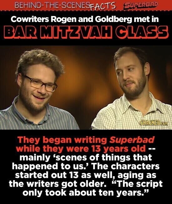 BEHIND-THE-SCENES SUPERBAD FACTS Cowriters Rogen and Goldberg met in BAR MITZVAH CLASS CRACKED.COM They began writing Superbad while they were 13 years old -- mainly 'scenes of things that happened to us.' The characters started out 13 as well, aging as the writers got older. The script only took about ten years.