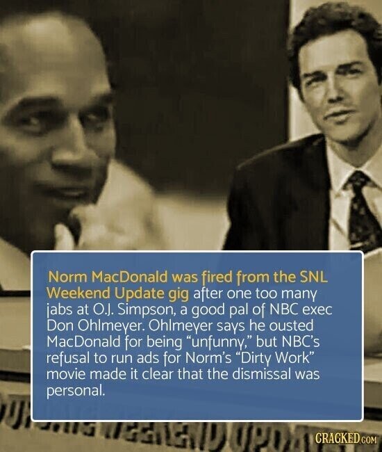 Norm MacDonald was fired from the SNL Weekend Update gig after one too many jabs at O.J. Simpson, a good pal of NBC exec Don Ohlmeyer. Ohlmeyer says he ousted MacDonald for being unfunny, but NBC's refusal to run ads for Norm's Dirty Work movie made it clear that the dismissal was personal. CRACKED.COM