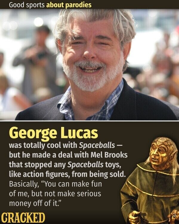 Good sports about parodies George Lucas was totally cool with Spaceballs- but he made a deal with Mel Brooks that stopped any Spaceballs toys, like action figures, from being sold. Basically, You can make fun of me, but not make serious money off of it. CRACKED