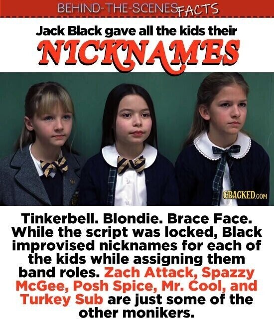 BEHIND-THE-SCENES FACTS Jack Black gave all the kids their NICKNAMES GRACKED.COM Tinkerbell. Blondie. Brace Face. While the script was locked, Black improvised nicknames for each of the kids while assigning them band roles. Zach Attack, Spazzy McGee, Posh Spice, Mr. Cool, and Turkey Sub are just some of the other monikers.