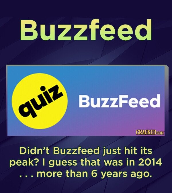 Buzzfeed BuzzFeed quiz CRACKED COM Didn't Buzzfeed just hit its peak? I guess that was in 2014 more than 6 years ago.
