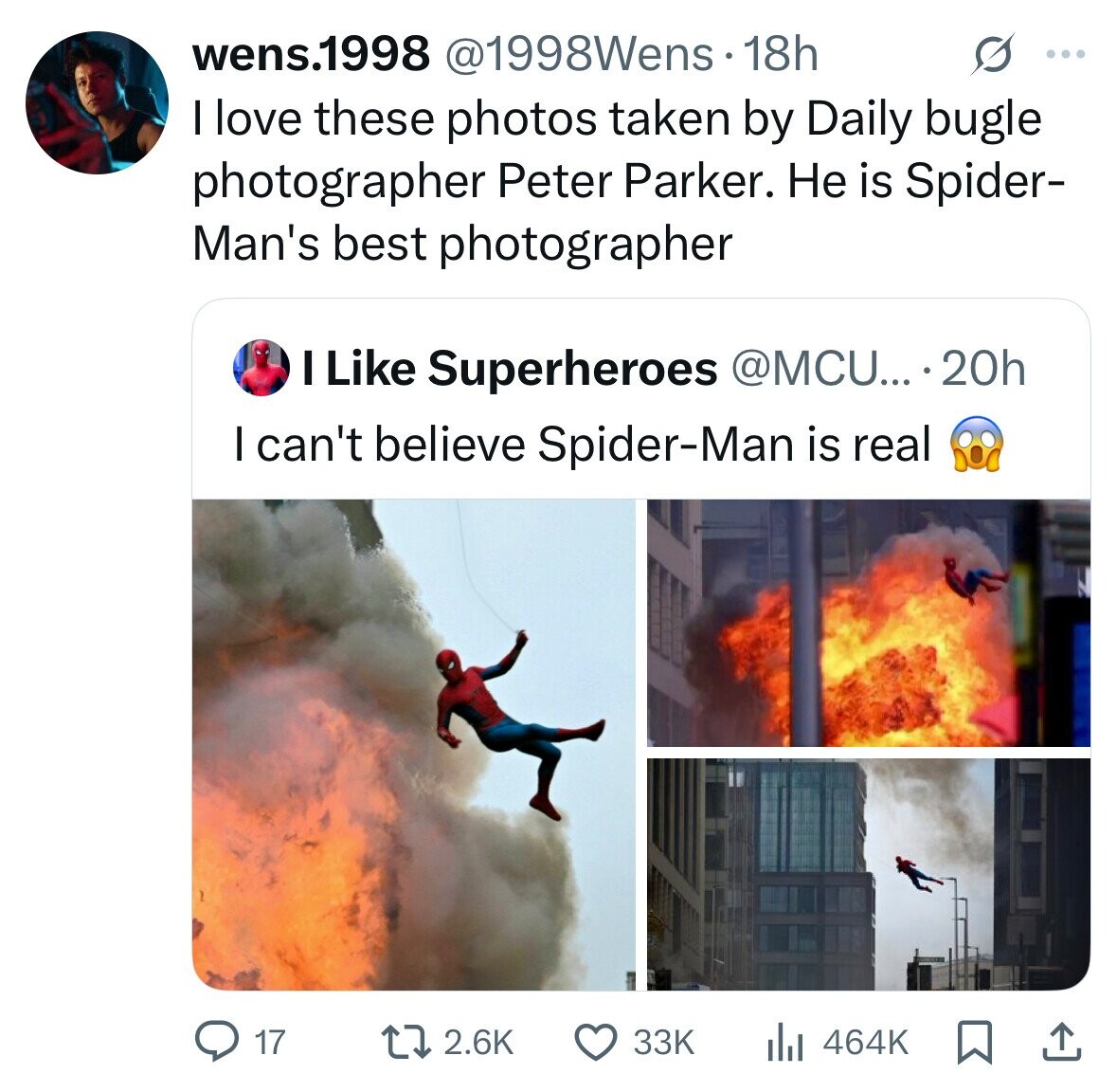 wens.1998 @1998Wens.18h G ... I love these photos taken by Daily bugle photographer Peter Parker. Не is Spider- Man's best photographer I Like Superheroes @MCU... 20h I can't believe Spider-Man is real 17 33K 464K 2.6K