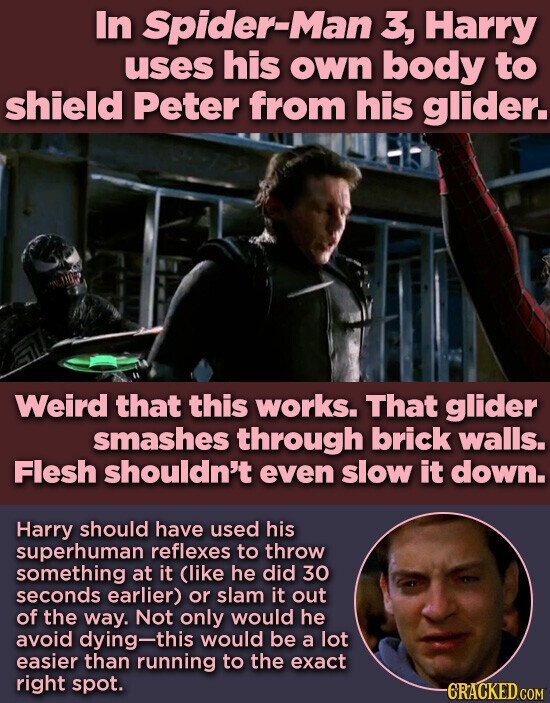 In Spider-Man 3, Harry uses his own body to shield Peter from his glider. Weird that this works. That glider smashes through brick walls. Flesh shouldn't even slow it down. Harry should have used his superhuman reflexes to throw something at it (like he did 30 seconds earlier) or slam it out of the way. Not only would he avoid dying-this would be a lot easier than running to the exact right spot. CRACKED.COM