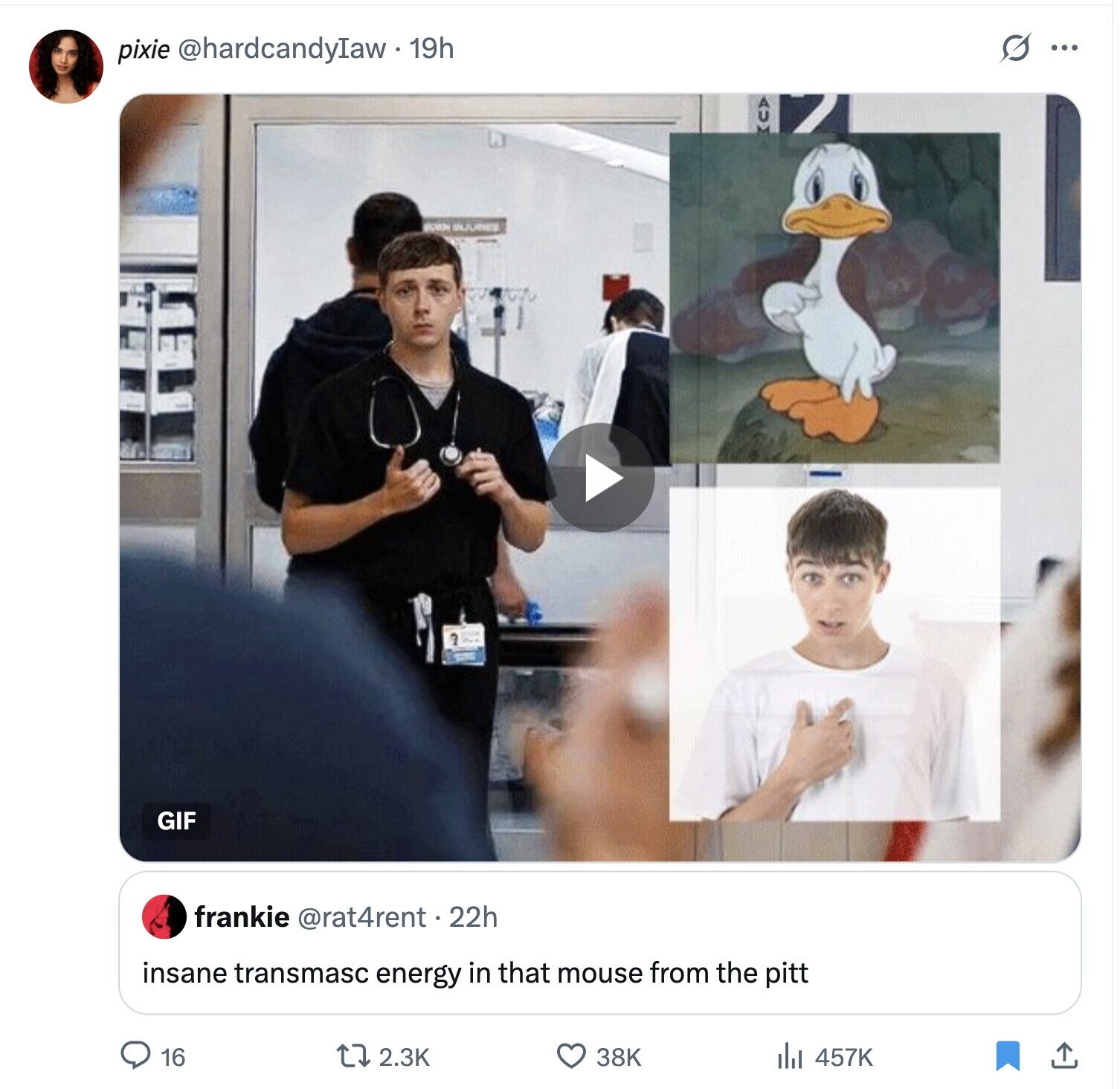 pixie @hardcandylaw.19h G ... BOOK GIF frankie @rat4rent . 22h insane transmasc energy in that mouse from the pitt 16 2.3K 38K 457K 