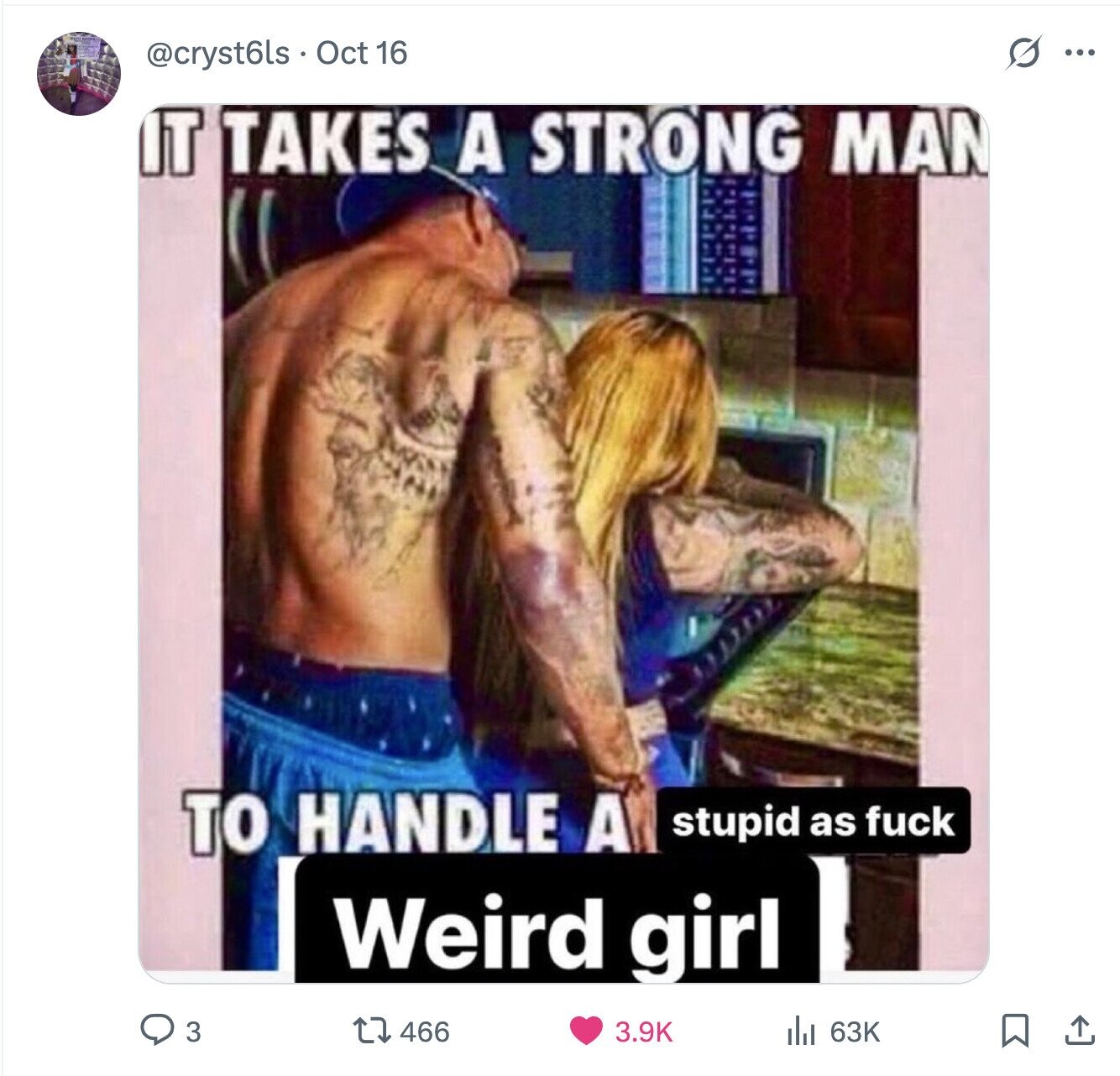s ... @cryst6ls Oct 16 IT TAKES A STRONG MAN TO HANDLE A stupid as fuck Weird girl 3 466 3.9K 63K 