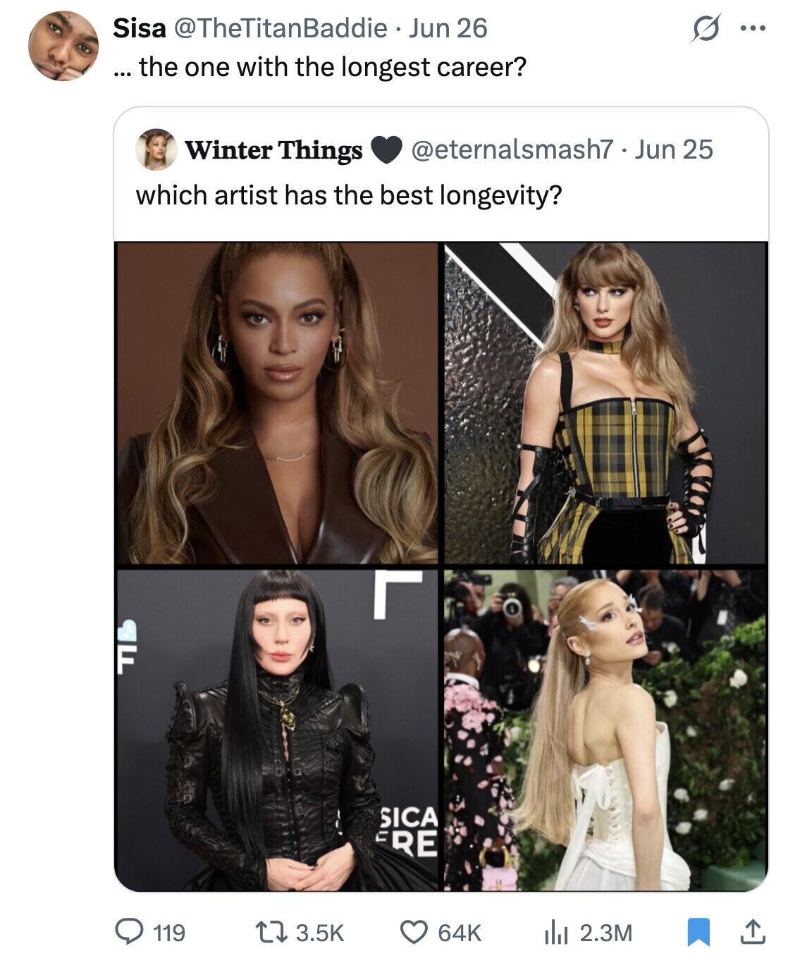 Sisa @TheTitanBaddie Jun 26 ... ... the one with the longest career? @eternalsmash7.Jun 25 Winter Things which artist has the best longevity? F SICA RE 119 3.5K 64K del 2.3M