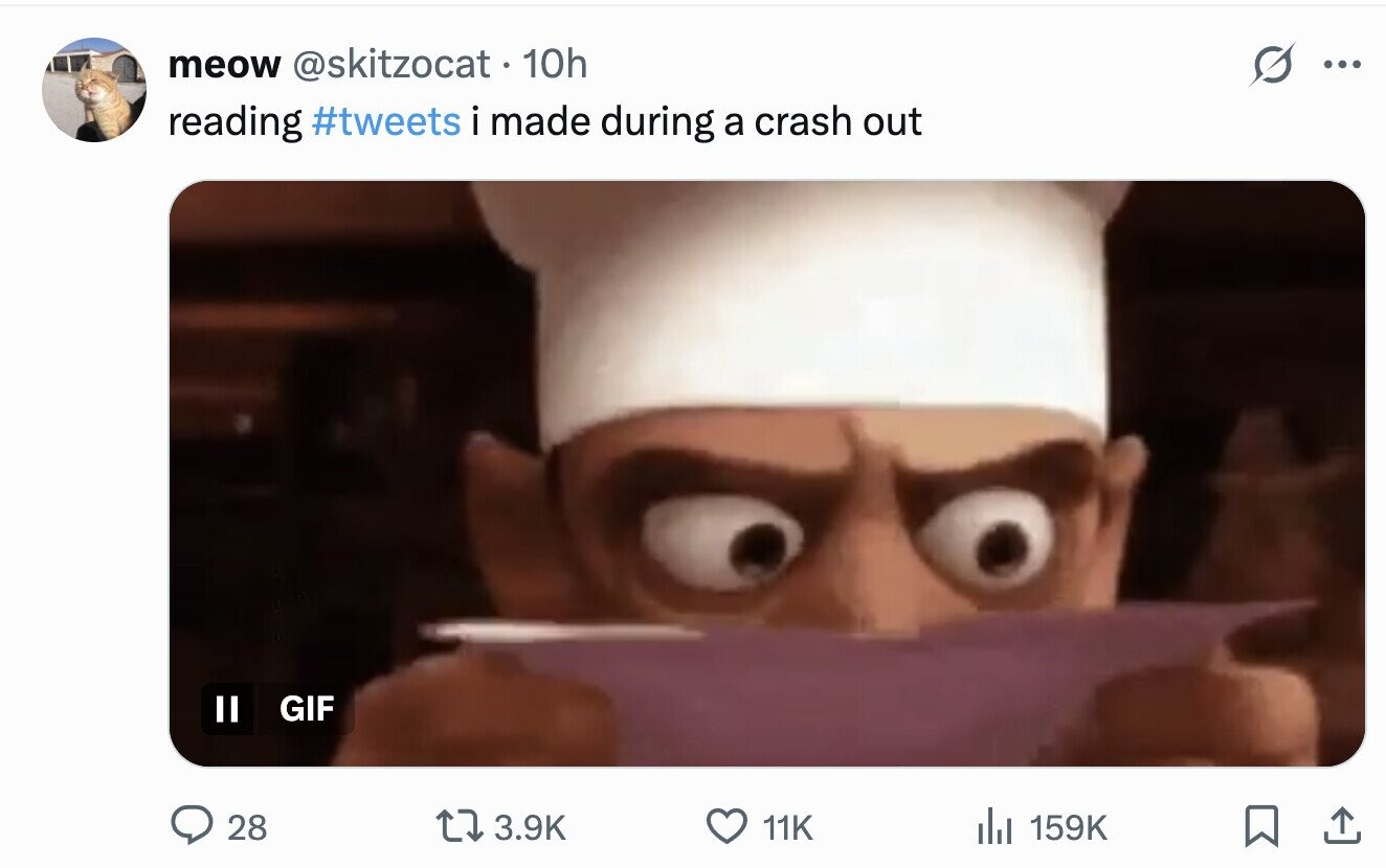 meow @skitzocat . 10h ... reading #tweets i made during a crash out II GIF 28 3.9K 11K del 159K 
