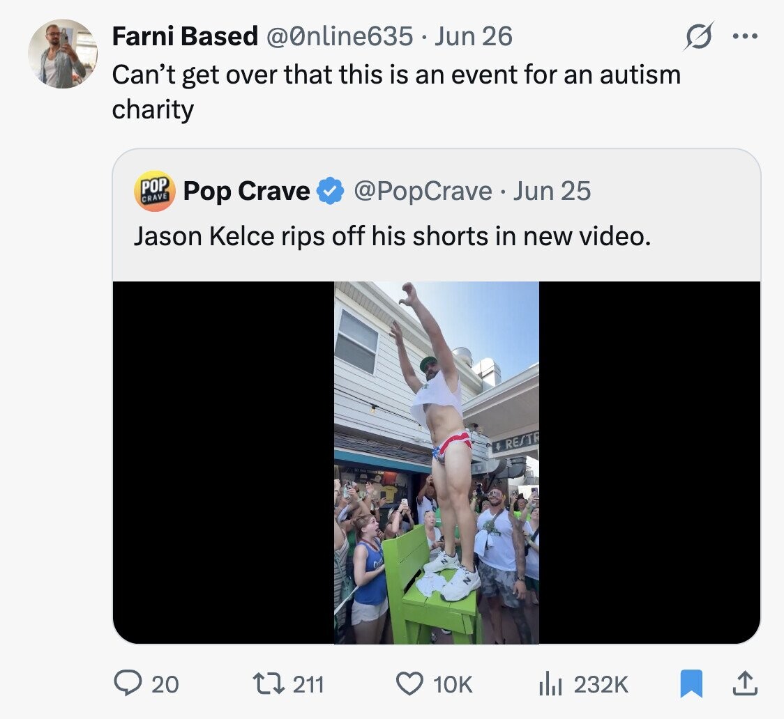 Farni Based @0nline635 . J Jun 26 ... Can't get over that this is an event for an autism charity POP CRAVE @PopCrave Jun 25 Pop Crave Jason Kelce rips off his shorts in new video. % RESTR 1. 20 211 10K del 232K